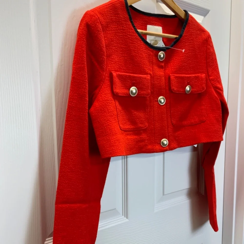 Anthropologie Red Maeve Cropped Shrunken Tweed Jacket Blazer - Picture 11 of 16